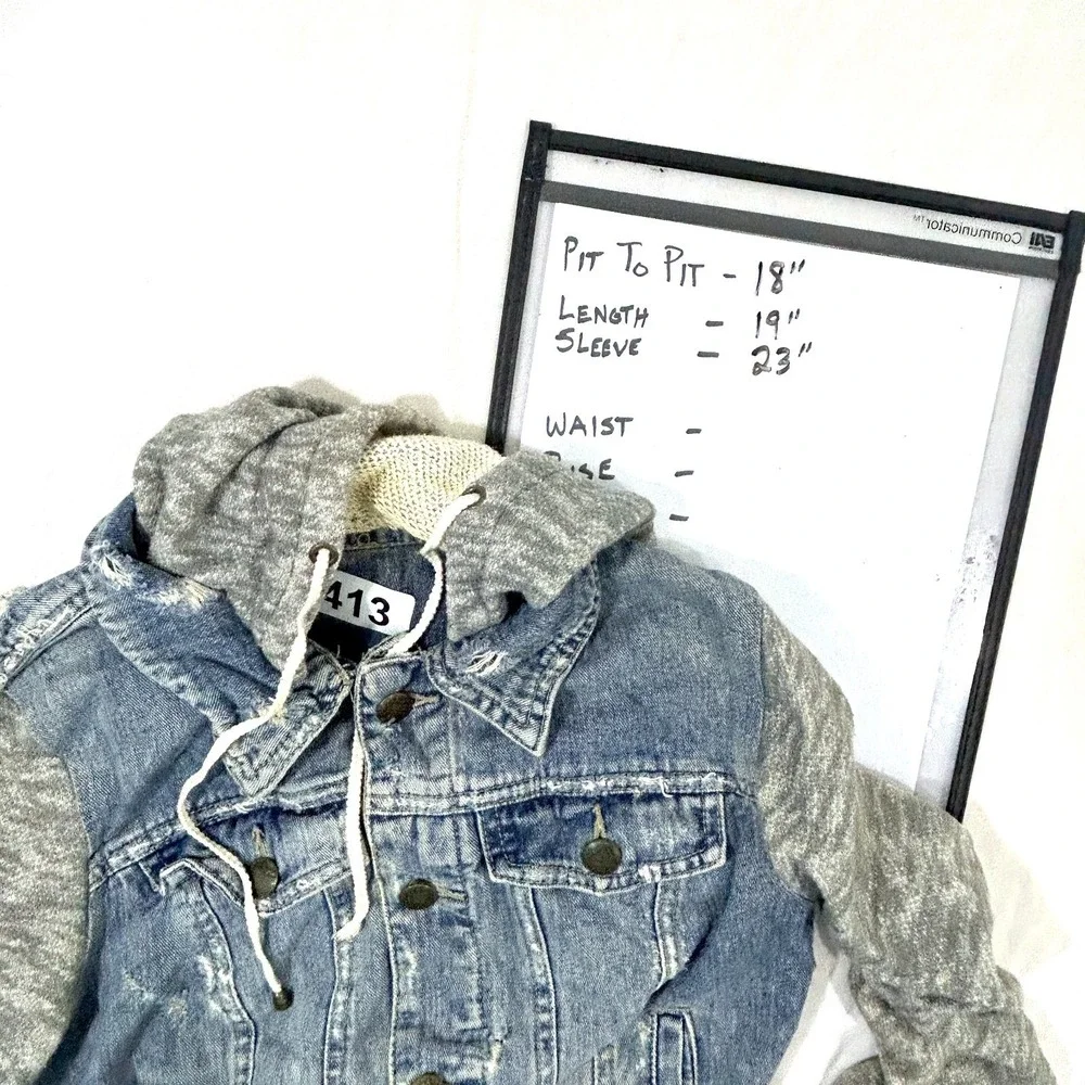 Free People Cotton Denim Jean Knit Hoodie Collared Layered Jacket Blue Gray S - Picture 12 of 12